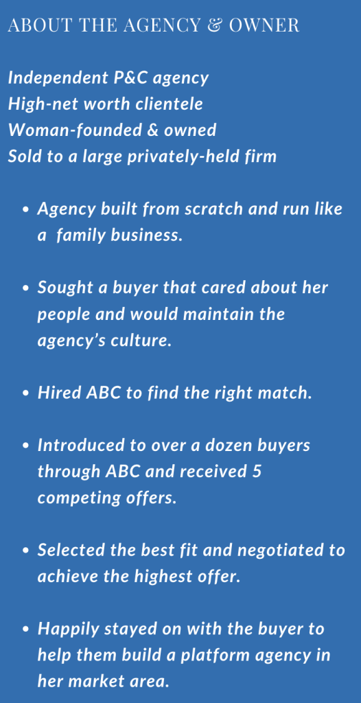ABOUT THE AGENCY & OWNER Independent P&C agency High-net worth clientele Woman-founded & owned Sold to a large privately-held firm Agency built from scratch and run like a family business. Sought a buyer that cared about her people and would maintain the agency’s culture. Hired ABC to find the right match. Introduced to over a dozen buyers through ABC and received 5 competing offers. Selected the best fit and negotiated to achieve the highest offer. Happily stayed on with the buyer to help them build a platform agency in her market area.